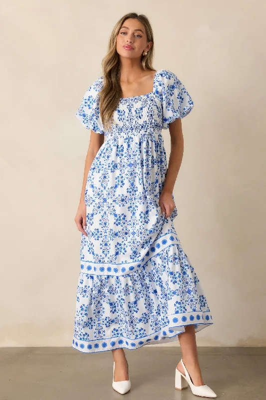 Personalized Embroidery Style Rosewater Skies 100% Cotton Royal Blue Floral Maxi Dress