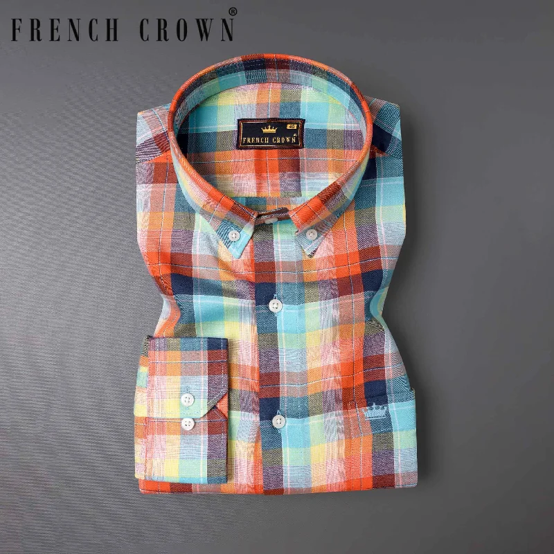 Cozy Casuals Pickled Blue with Burning Orange Multicolour Checkered Tencel Shirt