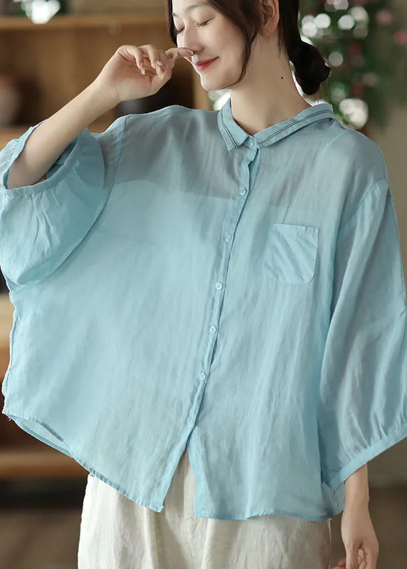 Easy Wardrobe Light Blue Peter Pan Solid Ramie Shirt Spring