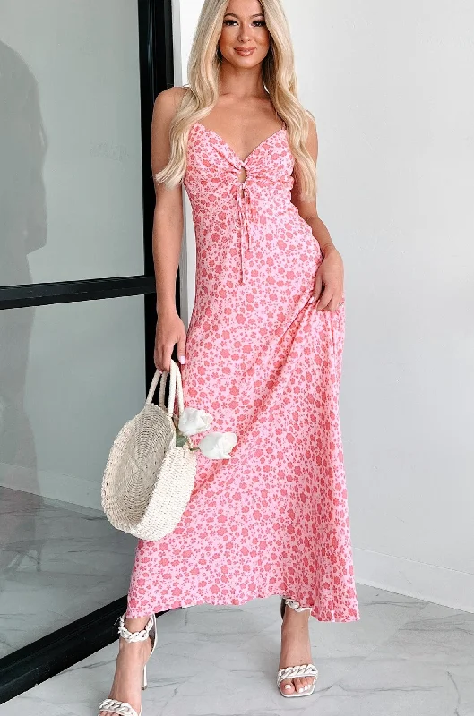 Affordable Looks Charismatic Appeal Tie-Front Floral Maxi Dress (Pink Multi)
