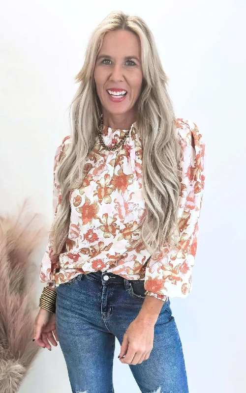 Romantic Skirt Design Floral Print Long Sleeve Mock Neck Blouse Top - Final Sale