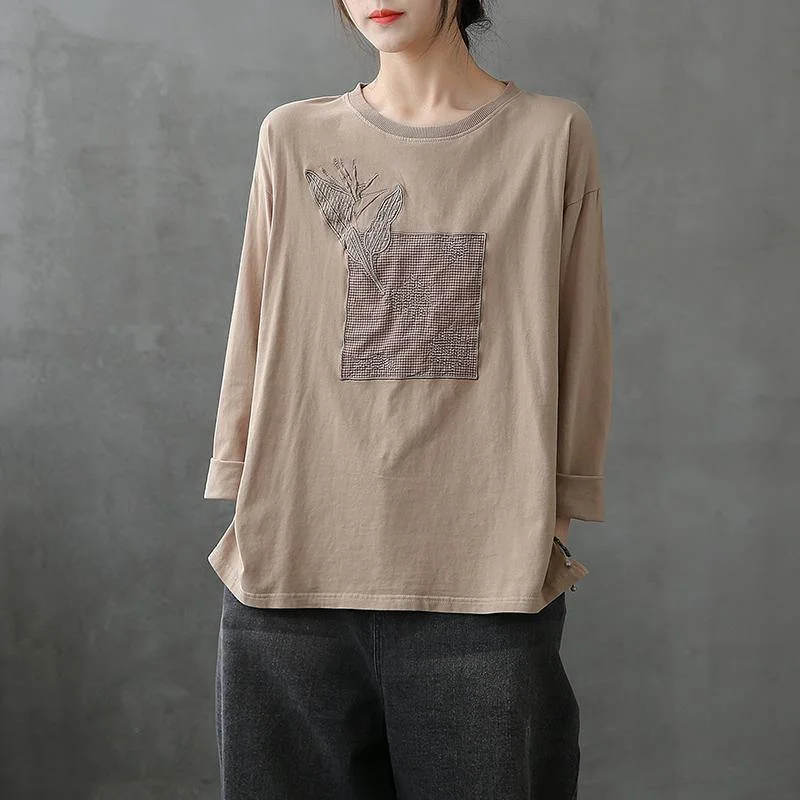 Relaxed Fit diy o neck patchwork shirts Tunic Tops khaki blouse