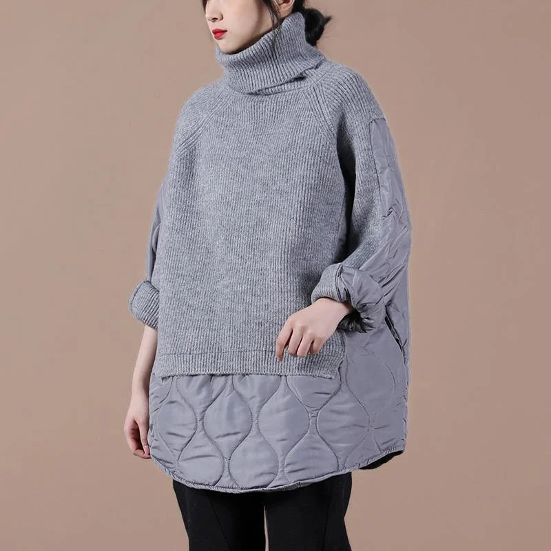 Easy Wardrobe Natural high neck patchwork spring crane tops pattern gray tops