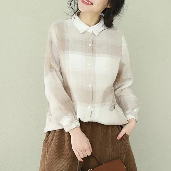 Warm Style diy khaki Plaid linen clothes stylish Sewing lapel baggy tops