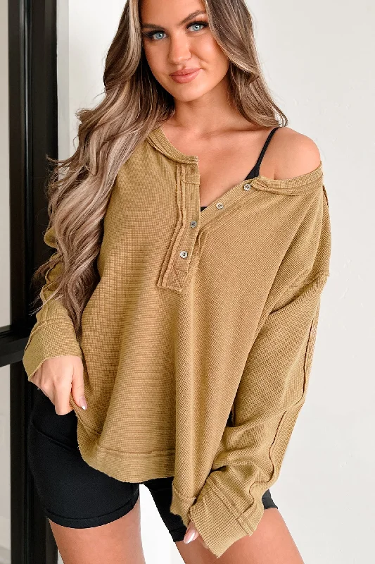 Romantic Dinner Odette Long Sleeve Oversized Thermal Top (Dark Khaki)