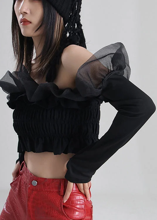 Fashion Layers diy Black Ruffled Tulle wrinkled Cotton Top Long Sleeve