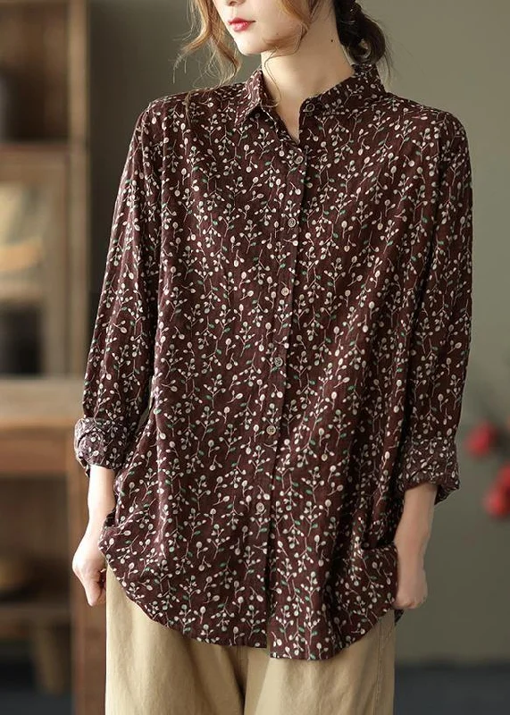Casual Vibes Natural Lapel Spring Clothes For Women Sewing Chocolate Print Blouses