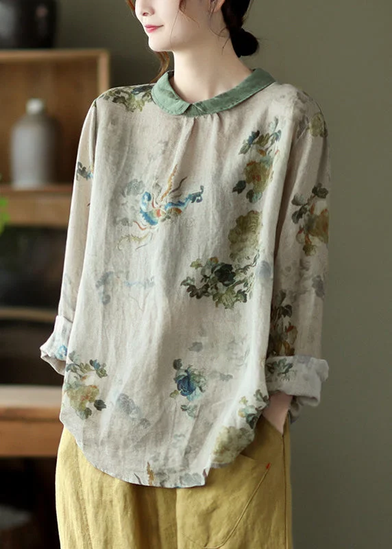 Casual Chic Boho Grey Print Loose Ramie T Shirt Spring