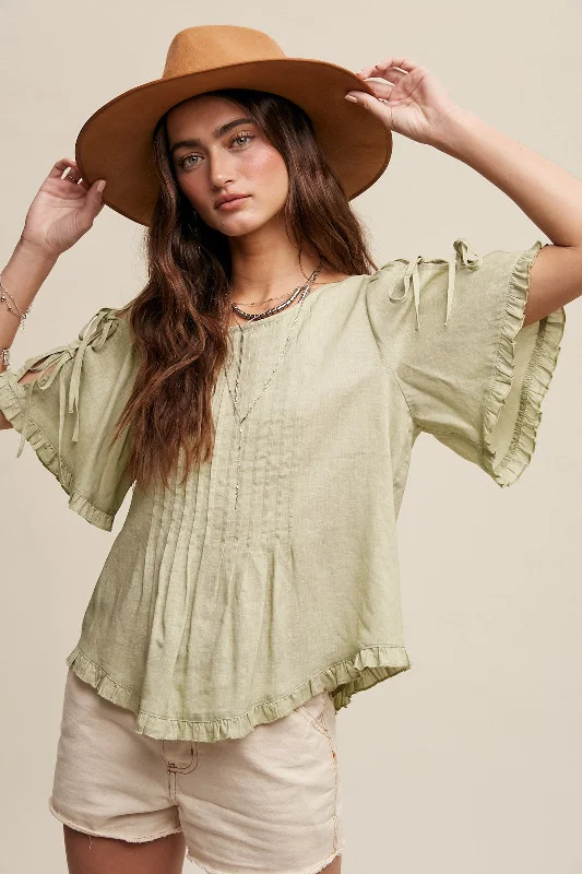 Personalized Independent Style Green Lily Linen Bow Tie Sleeve Pleated Blouse Top