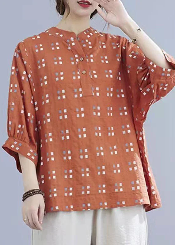 Cozy Essentials Natural O-Neck Ruffles Crane Tops Design Orange Blouse