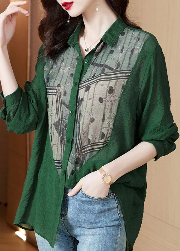 Comfortable Fit Elegant Green Peter Pan Collar Print Patchwork Cotton Blouses Long Sleeve