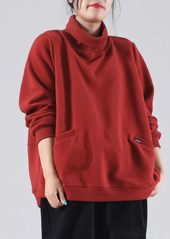 Fashion Comfort diy Red Turtle Neck Pockets Cotton Sweatshirt Street wear Winter