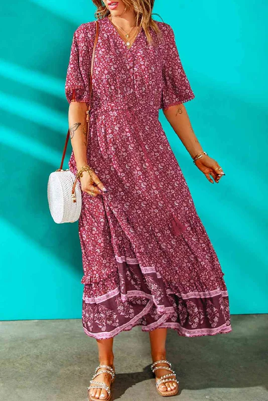 Elegant Comfort Bohemian Tassel Tie Pompom Detail Maxi Dress