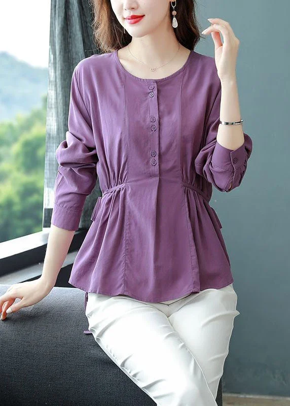 Cozy Comforts Organic Purple O Neck Wrinkled Lace Up Patchwork Cotton Top Long Sleeve Cozy Comforts Organic Purple O Neck Wrinkled Lace Up Patchwork Cotton Top Long Sleeve
