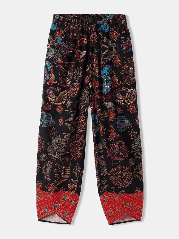 Relaxed Fit Women Ethnic Pattern Irregular Cuff Elastic Waist Pants with Pocket