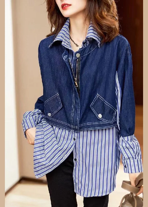 Versatile Wear Fine Blue button Peter Pan Collar denim Patchwork Striped Shirts Spring