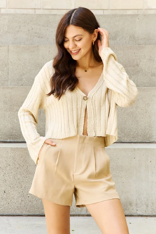Cool Comforts POL Hear Me Out Semi Cropped Ribbed Cardigan in Oatmeal