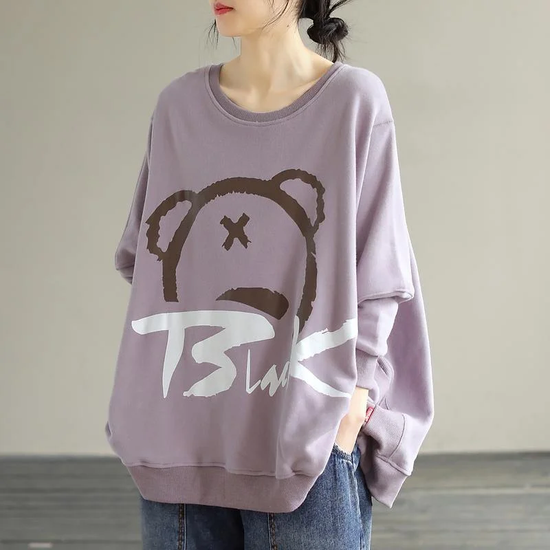 Cozy Essentials Modern Purple Cartoon print cotton Shirts O Neck loose Spring Shirts