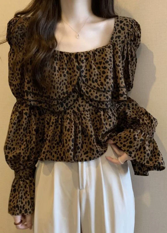 Effortless Chic Organic Leopard Ruffled Patchwork Chiffon Shirt Tops Flare Sleeve