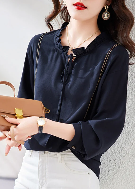 Functional Fashion Chic Navy Neck Tie Patchwork Chiffon Shirt Long Sleeve