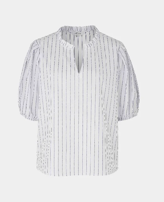 Casual Vibes White Blue Stripe Frill Trim Short Sleeve Women's Shirt