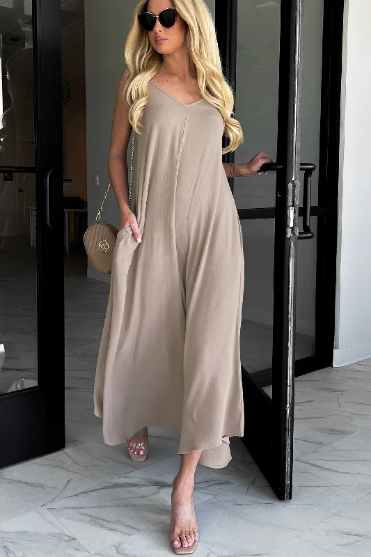 Casual Everyday Wear Desert Skies Crinkle Woven Cami Maxi Dress (Ash Mocha)