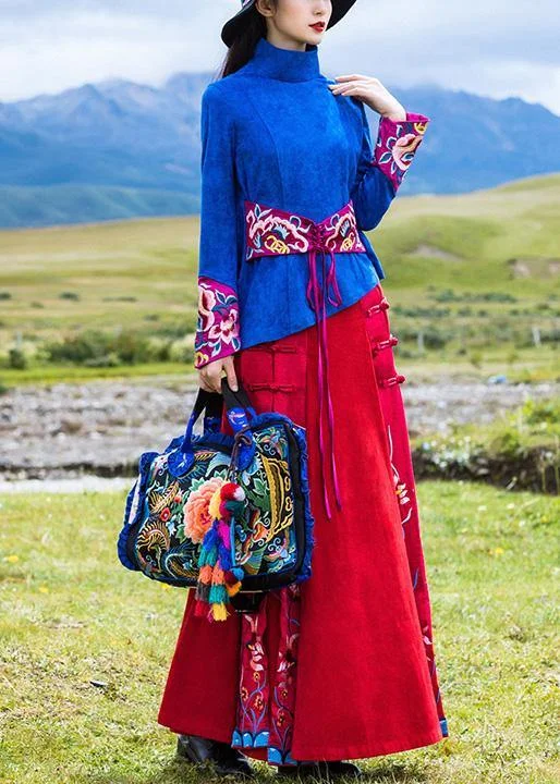 Bold Style Vivid Chinese Button cotton embroidery outfit Outfits red cotton skirts