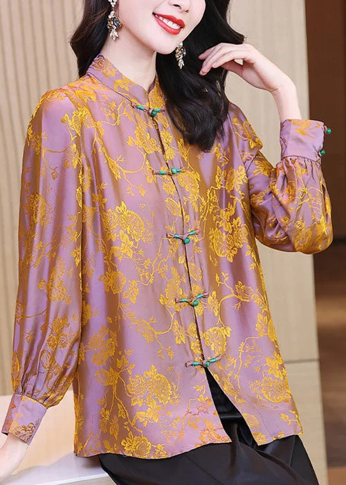 Cool Comforts DIY Orange Stand Collar Jacquard Oriental Button Silk Shirt Tops Long Sleeve