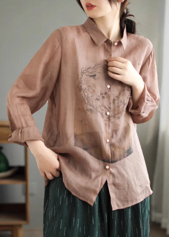 Comfy Clothes Skin Pink Print Ramie Shirts Long Sleeve