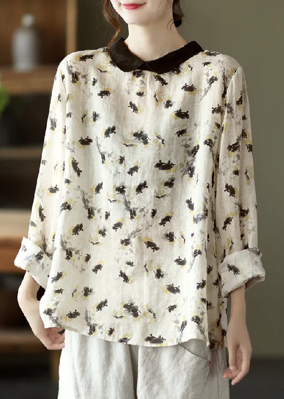 Unique Styles Boutique Beige Peter Pan Collar Ramie Shirt Spring