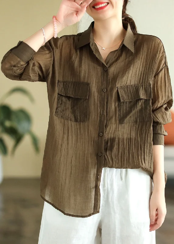 Cozy Casuals Italian Coffee Peter Pan Collar Wrinkled Patchwork Linen Shirt Top Spring Cozy Casuals Italian Coffee Peter Pan Collar Wrinkled Patchwork Linen Shirt Top Spring