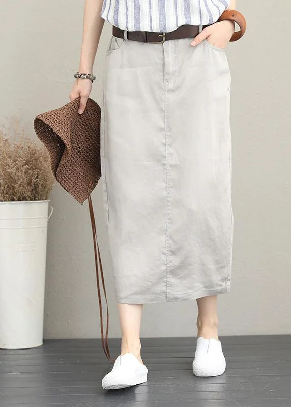 Relaxed Fashion Khaki ramie mid-length skirt with elastic waist