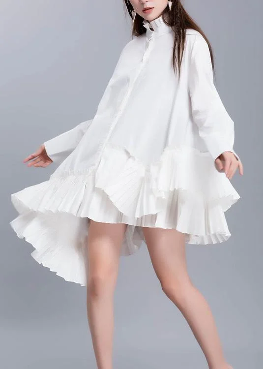 Personalized Art Style DIY stand collar cotton linen tops women blouses Work white blouse ruffles hem