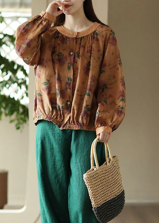 Fashion Comfort Vintage Orange O Neck Wrinkled Print Patchwork Linen Shirt Tops Spring Fashion Comfort Vintage Orange O Neck Wrinkled Print Patchwork Linen Shirt Tops Spring