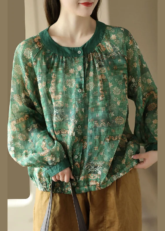 Smart Outfits Green Print Patchwork Linen Blouses O Neck Wrinkled Button Spring