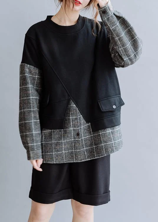 Minimal Outfits Natural black patchwork plaid Blouse o neck Knee blouses