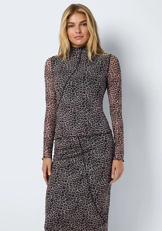 Soft Fit Noisy May Steffi Leopard Print Mesh Top, Brown