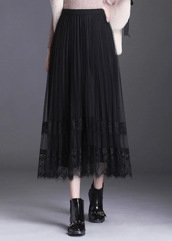 Soft Fabrics French Black Lace Patchwork Pleated Wear on both sides Fall Skirt