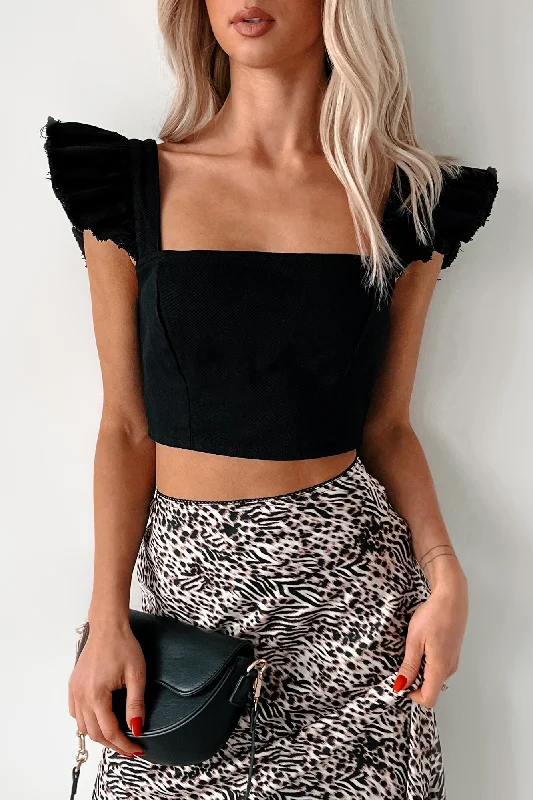 Personalized Design Jacket Summer Ready Ruffle Sleeve Denim Crop Top (Black)