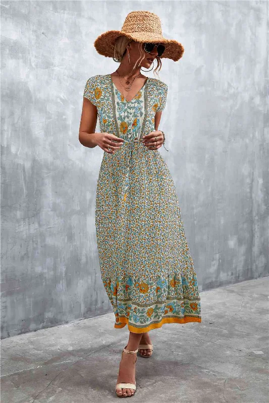Personalized Street Style V-Neck Short Sleeve Printed Maxi Dress