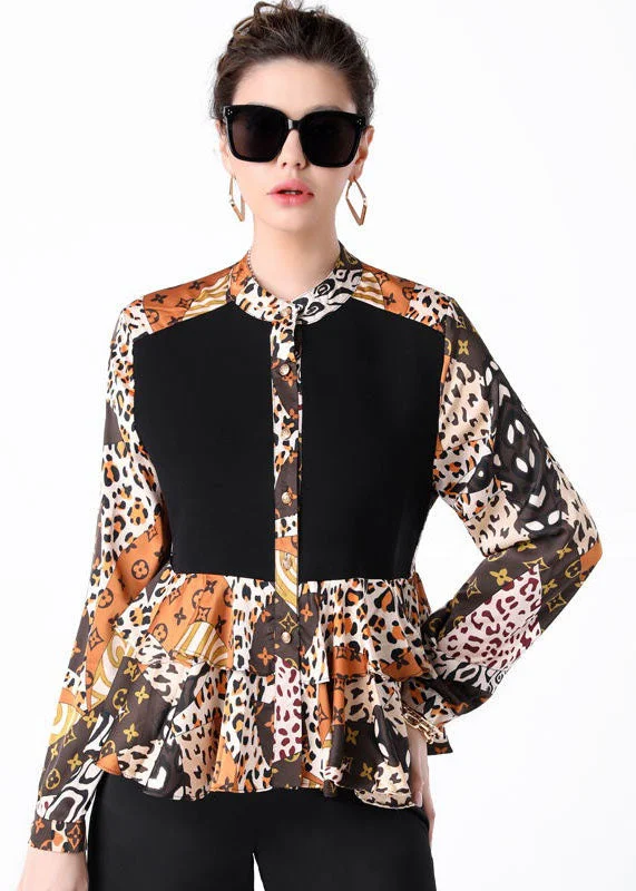 Cozy Pieces Women Colorblock Stand Collar Ruffled Print Patchwork Silk Shirts Spring Cozy Pieces Women Colorblock Stand Collar Ruffled Print Patchwork Silk Shirts Spring