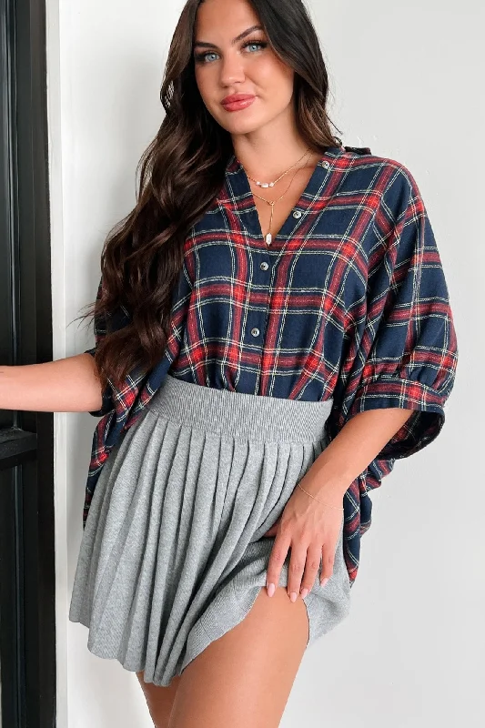 Modern Apparel Bijou Plaid Oversized Button-Down Shirt (Navy)