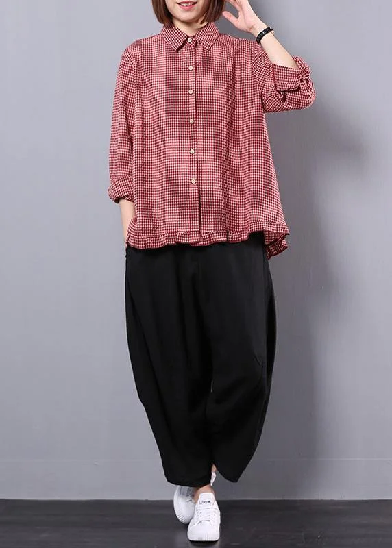 Minimalist Style Cotton and linen red plaid shirt suit female long-sleeved new large size loose casual harem pants two-piece suit