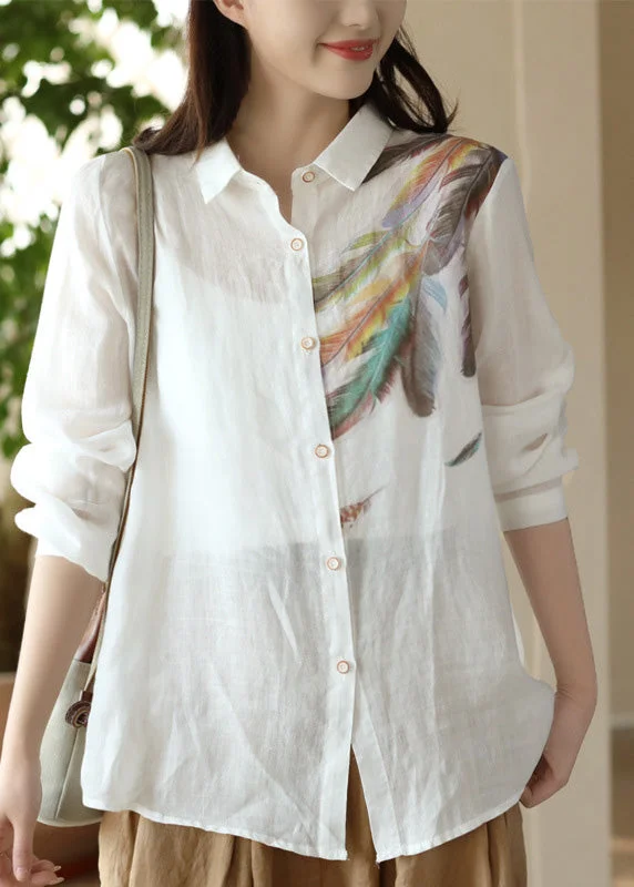 Relaxed Fashion Fashion White Peter Pan Collar Print Ramie Shirts Spring