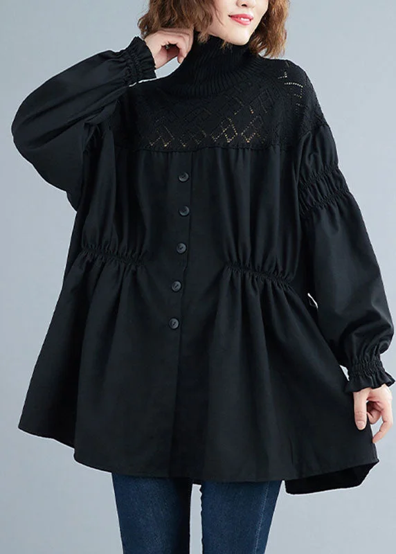 Cozy Pieces Fashion Black Turtle Neck Patchwork Knit Shirt Tops Spring