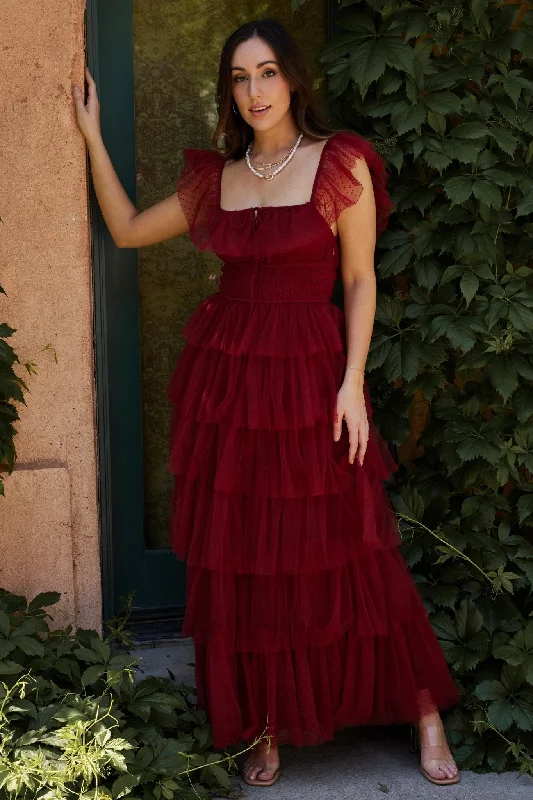 Everyday Outfits Valora Swiss Dot Tulle Maxi Dress | Wine