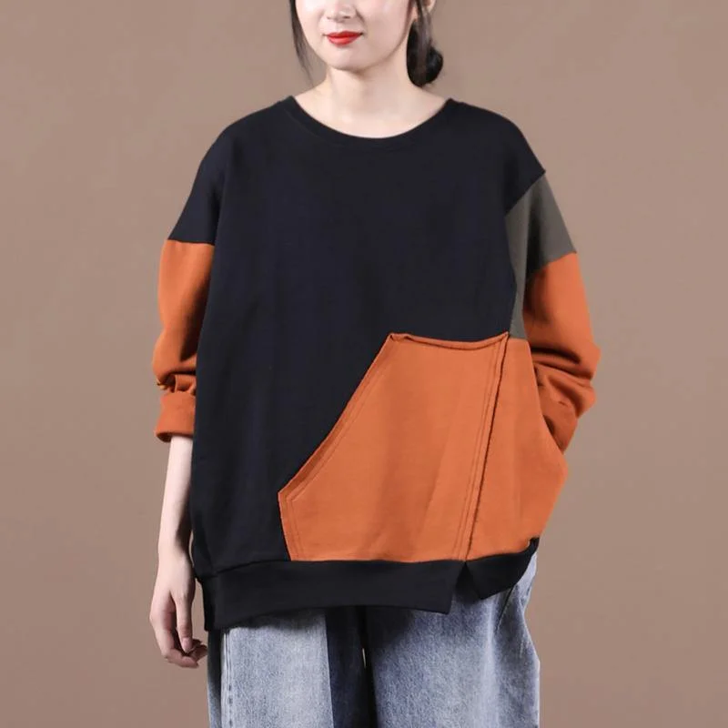 Trendy Clothing diy orange tops women o neck patchwork short fall shirts