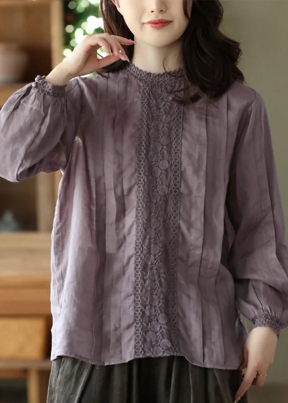 Daily Comfort Women Purple Lace Patchwork Solid Ramie Shirt Long Sleeve