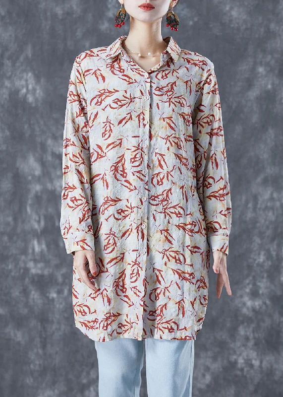Everyday Style Vintage Beige Peter Pan Collar Print Cotton Long Shirt Summer