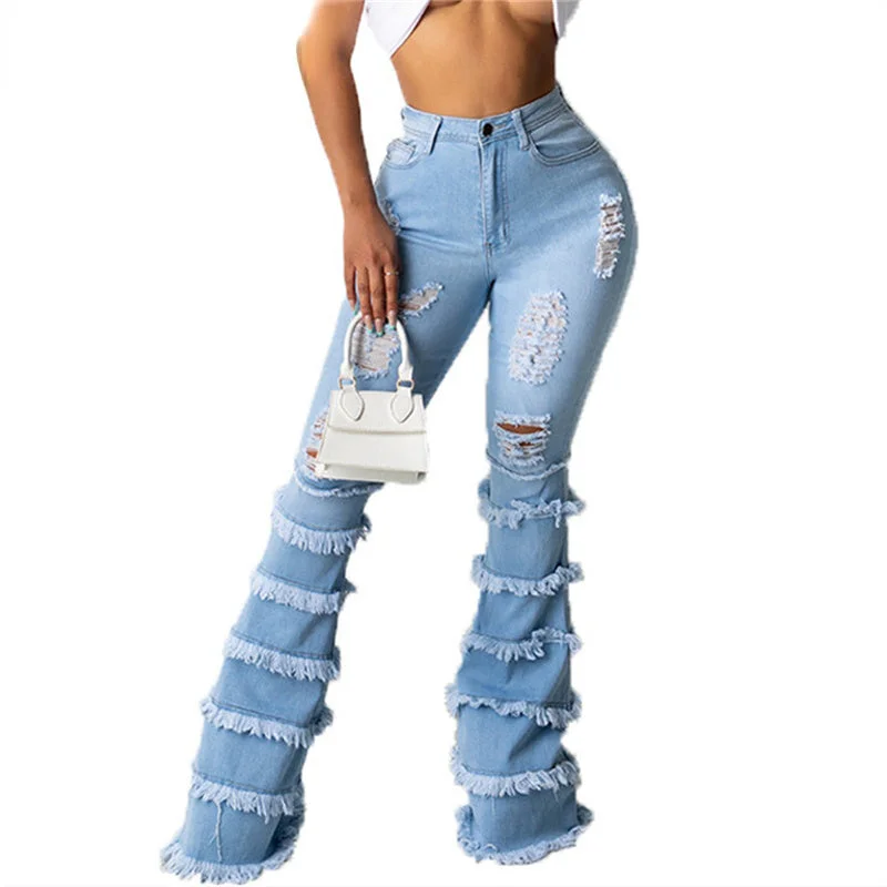 Cool Comforts DressBetty - High Waist Stretch Denim Washed Destroyed Holes Ripped Tassel Skinny Flare Jeans Cool Comforts DressBetty - High Waist Stretch Denim Washed Destroyed Holes Ripped Tassel Skinny Flare Jeans